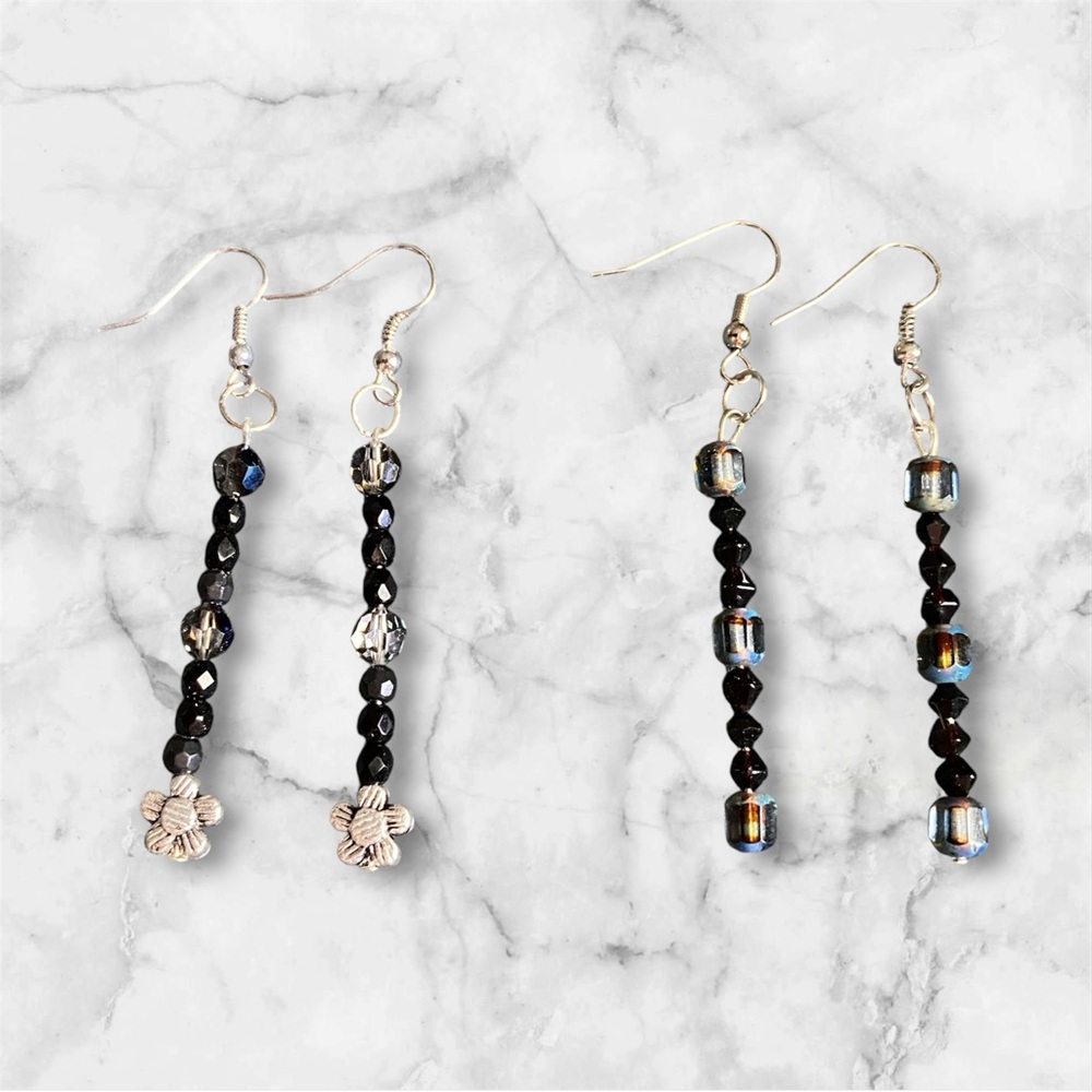 Handmade Black Multicolored Floral Minimalist Dangle Drop Earrings (2 Pairs)